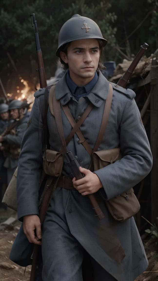 (masterpiece), best quality, expressive eyes, perfect face, All quiet on western Front, man, trenches, dirty, uniform, realistic, HD, Rifle, Orlando Bloom, big bag, French regiment, France, defending position, pov, Far view, shot, shooting, fighting, aiming gun, rains, battlefield, waiting, nighttime, ((artillery bombing) ), ((explosive)), panic, Fusiliers