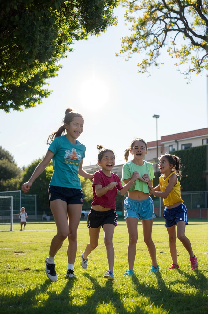 Create a highly realistic scene set in a bustling sports center in Italy. The focus is on two Italian sisters, one  and the other 8 years old, s by a group of younger children. They are all dressed in colorful T-shirts and shorts, reflecting their energetic and joyful mood.

 The 13-year-old teenager andnfidey in the center. She has shoulder length brown hair tied in a ponytail and is wearing a bright red t-shirt tied under her small breasts showing her midriff and blue shorts. Her face is lit up with a warm smile as she interacts with the children around her, radiating a sense of enthusiasm and camaraderie.
 Next to her is her 8-year-old sister, who looks a like holder sister but is shorter and has a smaller build. She has long wavy brown hair tied with a ribbon and is wearing a matching red t-shirt and blue shorts. Her expression mirrors her older sister's joy and excitement as she interacts with the other children.
 Surrounding them are children aged between 5 and 10, each wearing T-shirts and shorts  various bright colors such as yellow, green, blue and orange. Their expressions are full of happiness and excitement as they interact with each other and the two sisters. Some children hold sports equipment such as volleyballs and skipping ropes, indicating their availability for fun activities.

In the background is the lively setting of the sports center: an open field with freshly cut grass, a running track and various sports facilities such as basketball courts and a football field. Some trees and benches are scattered here and there, offering places of shade and rest. The sky is clear and blue, with the sun shining brightly, casting a warm light over the entire scene.

This scene captures the energetic and playful atmosphere of the sports centre, with the 13- and 8-year-old sisters at the centeof the joygroupreating a sense of unity and fun among the children. The vibrant colors of their outfits and lively interac