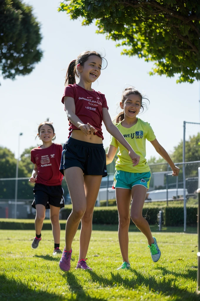 Create a highly realistic scene set in a bustling sports center in Italy. The focus is on two Italian sisters, one 13 years old and the other 8 years old, surrounded by a group of younger children. They are all dressed in colorful T-shirts and shorts, reflecting their energetic and joyful mood.
The 13-year-old teenager stands confidently in the center. She has shoulder length brown hair tied in a ponytail and is wearing a bright red t-shirt tied under her small breasts showing her midriff and blue shorts. Her face is lit up with a warm smile as she interacts with the children around her, radiating a sense of enthusiasm and camaraderie.
Next to her is her 8-year-old sister, who looks a lot like her older sister but is shorter and has a smaller build. She has long wavy brown hair tied with a ribbon and is wearing a matching red t-shirt and blue shorts. Her expression mirrors her older sister's joy and excitement as she interacts with the other children.
Surrounding them are children aged between 5 and 10, each wearing T-shirts and shorts in various bright colors such as yellow, green, blue and orange. Their expressions are full of happiness and excitement as they interact with each other and the two sisters. Some children hold sports equipment such as volleyballs and skipping ropes, indicating their availability for fun activities.
In the background is the lively setting of the sports center: an open field with freshly cut grass, a running track and various sports facilities such as basketball courts and a football field. Some trees and benches are scattered here and there, offering places of shade and rest. The sky is clear and blue, with the sun shining brightly, casting a warm light over the entire scene.
This scene captures the energetic and playful atmosphere of the sports centre, with the 13- and 8-year-old sisters at the center of the joyful group, creating a sense of unity and fun among the children. The vibrant colors of their outfits and lively interac