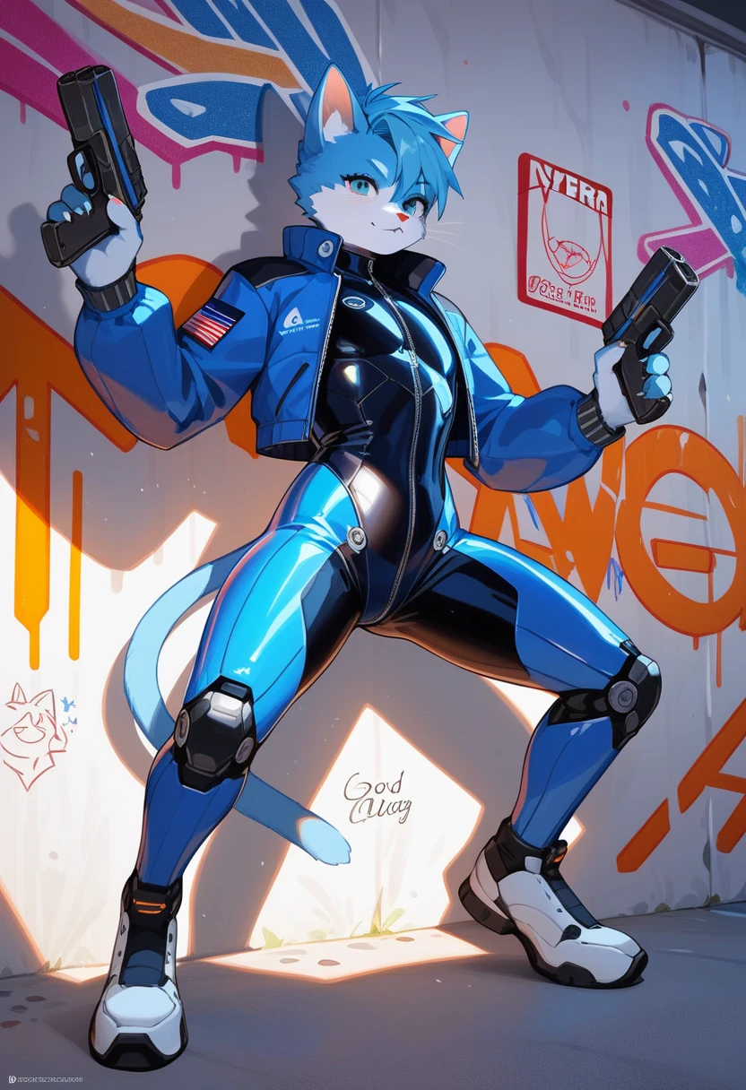 animation, Highest quality, Highest quality, High quality illustrations, masterpiece, Ultra-high resolution, Detailed Background, cyber cafe, Graffiti art on the wall, Absurd, Perfect Anatomy, performance, Good lighting, Shadows in the movies(kemono, Furry PersonifiCation), Cat, Blueskin, blue rubber suit, latex, neon, neonライト, neonカラー, Bodysuits, Cyber Suit, Mech Suit, Rubber Half Jacket, cyber punk, He has a gun