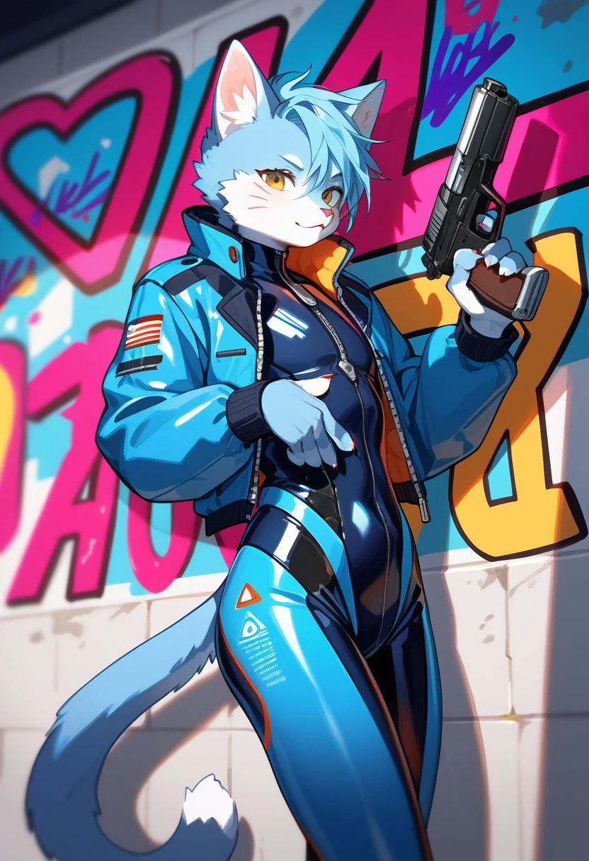 animation, Highest quality, Highest quality, High quality illustrations, masterpiece, Ultra-high resolution, Detailed Background, cyber cafe, Graffiti art on the wall, Absurd, Perfect Anatomy, performance, Good lighting, Shadows in the movies(kemono, Furry PersonifiCation), Cat, Blueskin, blue rubber suit, latex, neon, neonライト, neonカラー, Bodysuits, Cyber Suit, Mech Suit, Rubber Half Jacket, cyber punk, He has a gun