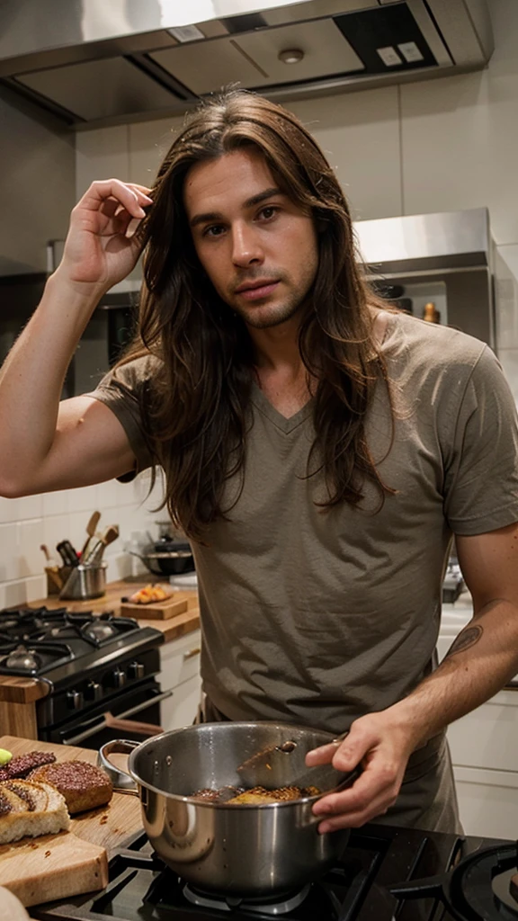 Handsome man with long brown hair cooking on the kitchen, looking sideways