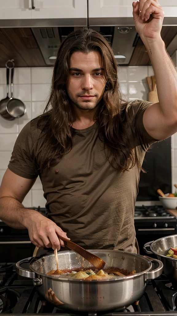 Handsome man with long brown hair cooking on the kitchen, looking sideways