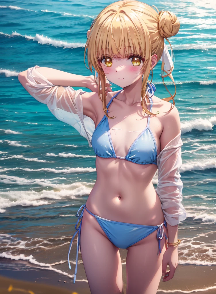 mahirushiina, Mahiru Shiina, Long Hair, bangs, Blonde, Brown Hair, (Yellow Eyes:1.3), smile,blush,Hair Bun, double Hair Bun,Yellow bikini swimsuit,barefoot,Water Play,Ocean,Sandy Beach,whole bodyがイラストに入るように,Wet Hair,Wet Skin,Wet swimsuit,
break outdoors, Beach,
break looking at viewer, whole body,(Cowboy Shot:1. 5)
break (masterpiece:1.2), Highest quality, High resolution, unity 8k wallpaper, (figure:0.8), (Beautiful attention to detail:1.6), Highly detailed face, Perfect lighting, Highly detailed CG, (Perfect hands, Perfect Anatomy),