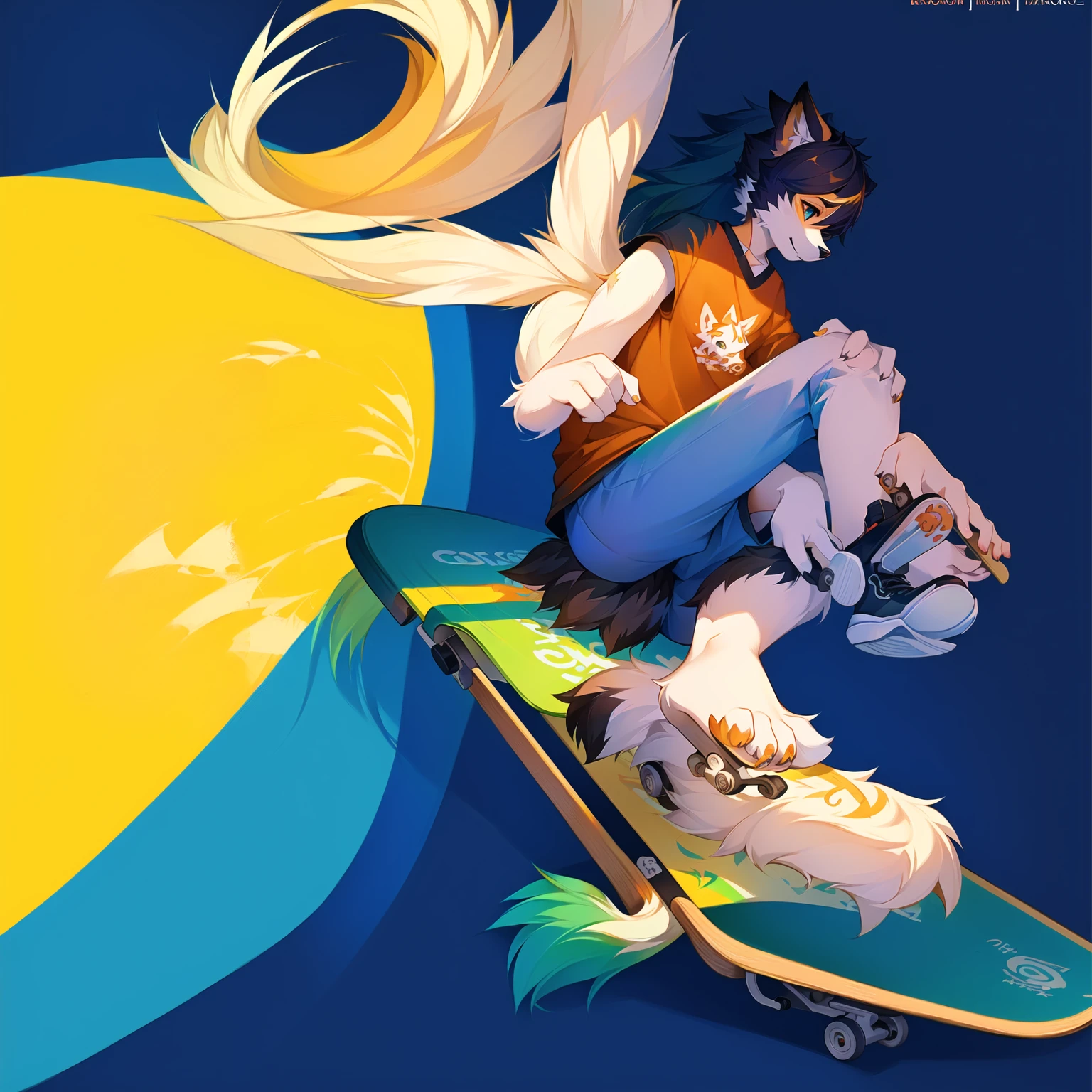 Cartoon puppy sitting on a skateboard，Poster illustration, The editorial illustrations are colorful, A beautiful artistic illustration, 数码Illustration poster, Illustration poster, Business Illustration, Inspired by Cyril Rolando (Cyril Rolando), Hand drawn cartoon art style