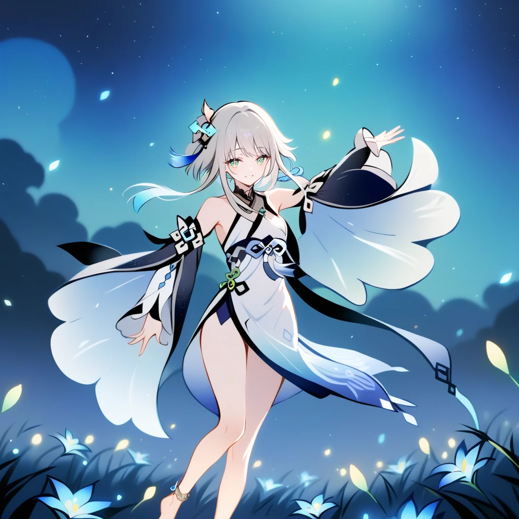 1girl, guizhong_\(genshin_impact\),light grey hair,short_hair_with_long_locks,starry_sky_print,detached_sleeves, long sleeves that drape over hands past fingers,dancing,hanfu,illustrated by matsuryuu and agahari and dsmile,pale green-grey eyes,stunning field of softly glowing blue and white glaze lilies,night scene,gentle smile,moonlight,glossy lips,vivid anime coloring,cel shading,smooth, soft dreamy focus,anklet,halter_top,white clothes,highly detailed,digital painting,field of flowers,bare_shoulders,wlop,barefoot,cool night tones, magical night scene,masterpiece, best quality, film, bokeh, multicolored light particles,professional, 4k, highly detailed,fireflies,Guardian nebula of rainbow light and silvery vapor,ai-generated,goddess of stardust