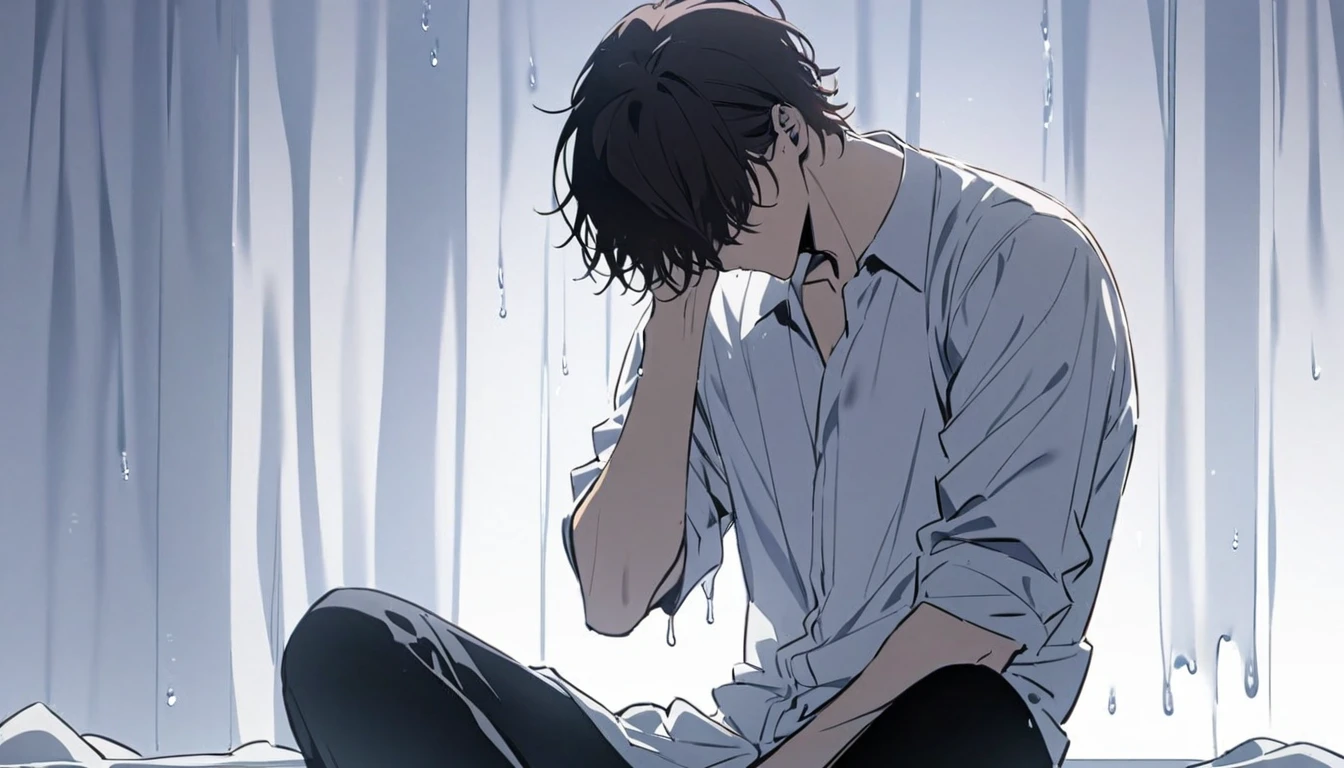 Man, fluid dripping from upper body, dark hair, hair covering eyes, handsome, alone, stays for a moment, full body, women's shirt, plain white room