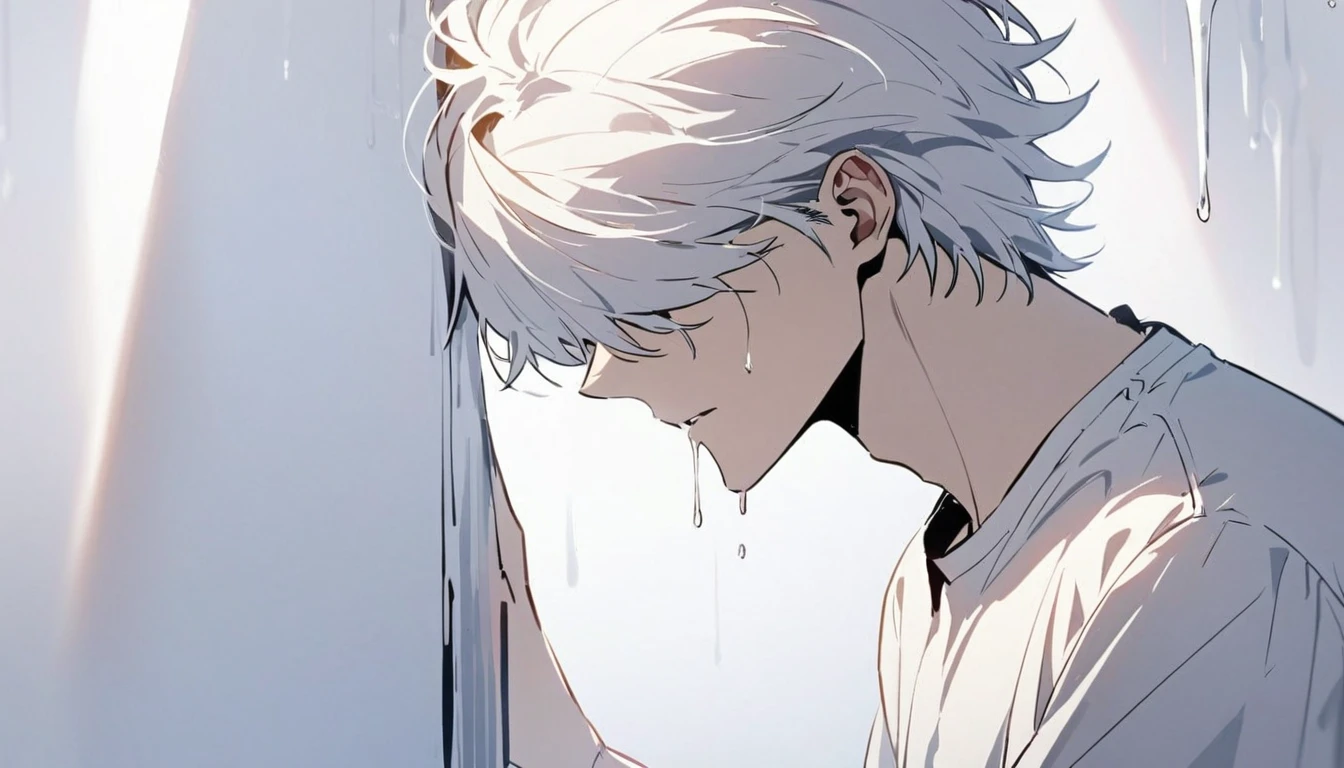 Man with fluid dripping from his upper body, white hair, hair covering his eyes, handsome, alone, stopping for a moment, full body, women's shirt, pure white room