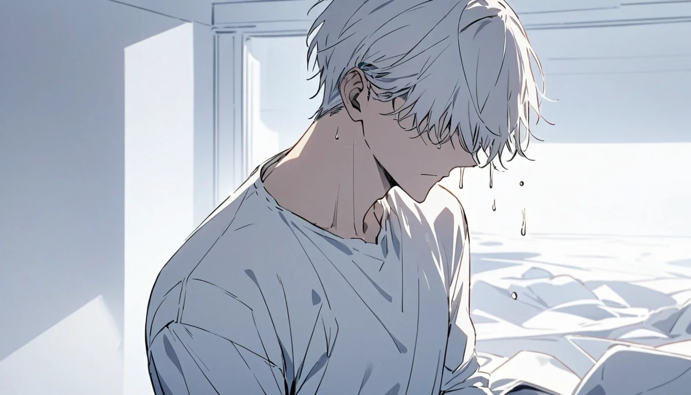 Man with fluid dripping from his upper body, white hair, hair covering his eyes, handsome, alone, stopping for a moment, full body, women's shirt, pure white room