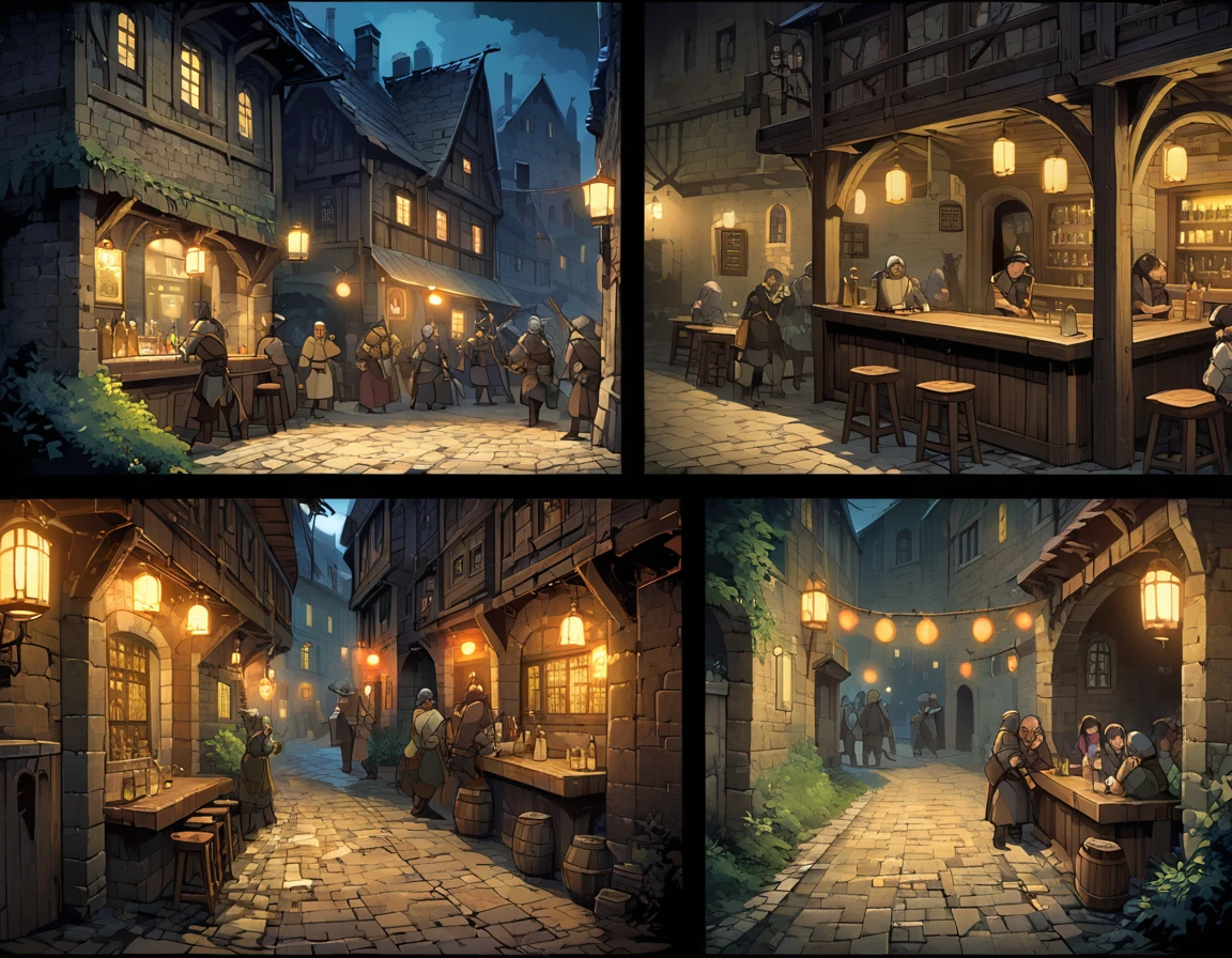 Izakaya(Black Markets in Medieval Europe),The pub is located in a secluded alley,It was pitch black all around.,There are bushes and weeds,There are no pedestrians on the street,There are five people drinking at the bar.,Set at night。Middle ground composition,Panoramic Photos,Scenes screen,Game concept art style,Anime illustration style,High resolution,4K。