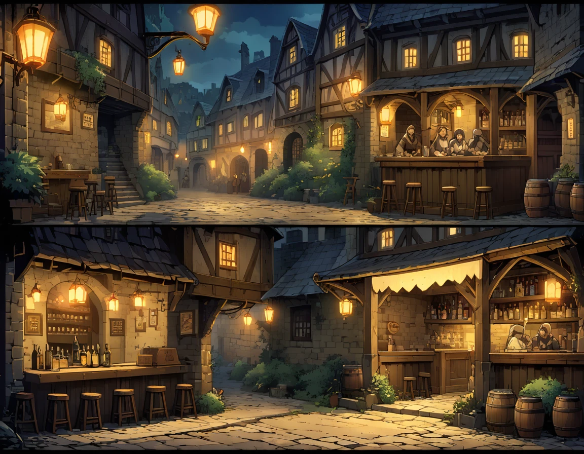 Izakaya(Black Markets in Medieval Europe),The pub is located in a secluded alley,It was pitch black all around.,There are bushes and weeds,There are no pedestrians on the street,There are five people drinking at the bar.,Set at night。Middle ground composition,Panoramic Photos,Scenes screen,Game concept art style,Anime illustration style,High resolution,4K。