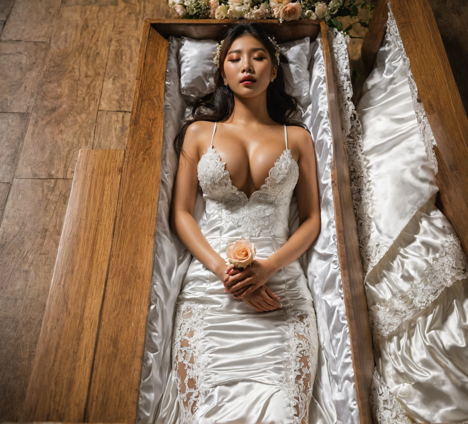 A provocative and sensual image unfolds before us. Two Korean girls, 22 years old, lie asleep in a deep, black coffin surrounded by plush pillows. They wear see-through wedding dresses with lace details, off-shoulder designs, sleeve, and huge skirts that cascade around their bodies. The dresses are cut low to showcase their beautiful breasts, fixed with a subtle cleavage cutout. Their faces are flawless, with perfect eyebrows, eyelashes, and skin tone. One girl's hair is styled in a ponytail with bangs framing her face, while the other has a bun adorned with wisps of hair framing her closed eyes. The overall atmosphere is one of intimacy and sensuality, with saturated colors enhancing the mood. Note the visible breasts and perfectly manicured hands that peek out from beneath the skirts, which are strategically covered to conceal their legs, ba11g0wn