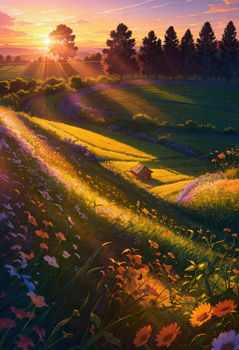 In the middle of a field full of wildflowers and vines、Create a picturesque landscape of an abandoned airplane。. The plane is supposed to look old and weathered., Nature is regaining its structure through the intertwining of vines and tendrils.. When the sun goes down, The sky is a warm orange, pink, Purple and. soft, The golden light of the setting sun casts long shadows、Wraps the whole landscape in a warm light。, Mysterious glow. The fields are lush and vibrant, Colorful flowers bloom profusely. The overall atmosphere is、It must evoke the serenity and beauty of nature, restoring the manmade.。.