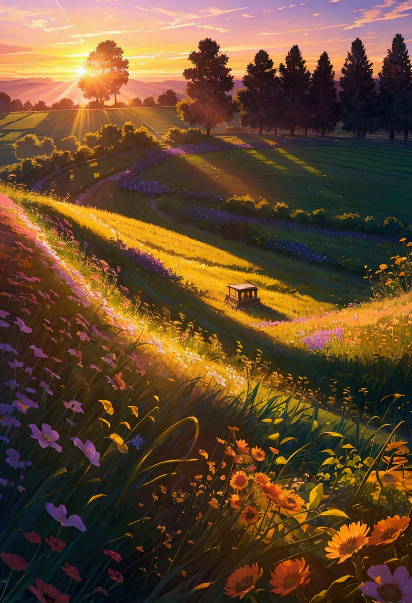 In the middle of a field full of wildflowers and vines、Create a picturesque landscape of an abandoned airplane。. The plane is supposed to look old and weathered., Nature is regaining its structure through the intertwining of vines and tendrils.. When the sun goes down, The sky is a warm orange, pink, Purple and. soft, The golden light of the setting sun casts long shadows、Wraps the whole landscape in a warm light。, Mysterious glow. The fields are lush and vibrant, Colorful flowers bloom profusely. The overall atmosphere is、It must evoke the serenity and beauty of nature, restoring the manmade.。.
