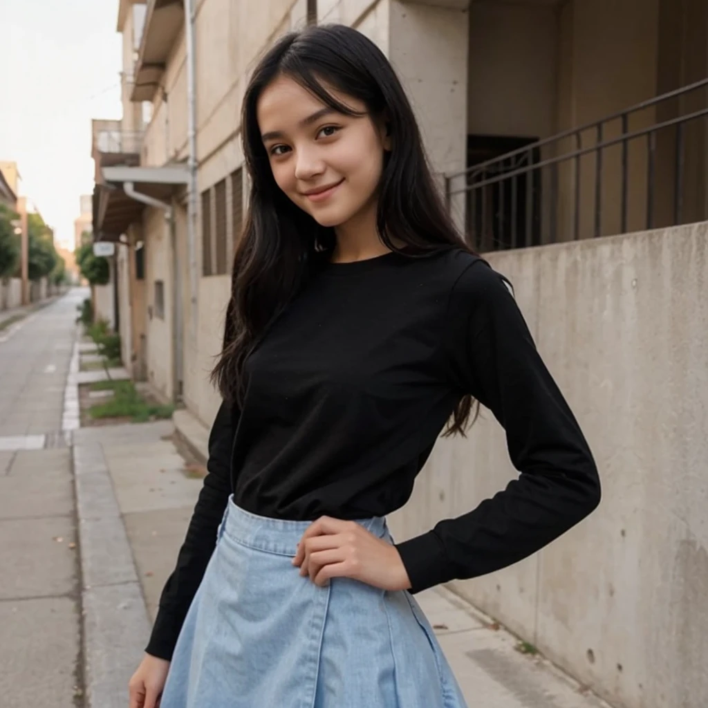 16 years old short skinny girl, tucked shirt, long skirt, long sleeves, black hair, little cute smile