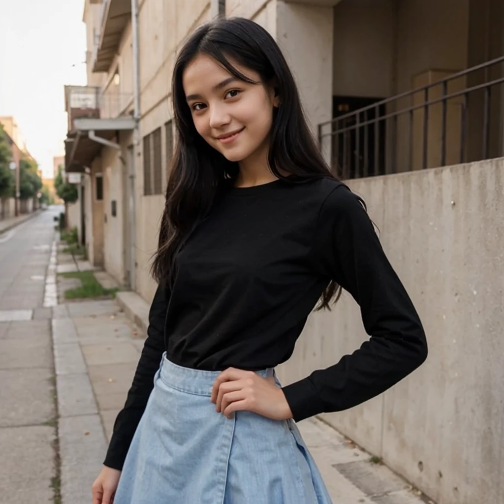 16 years old short skinny girl, tucked shirt, long skirt, long sleeves, black hair, little cute smile