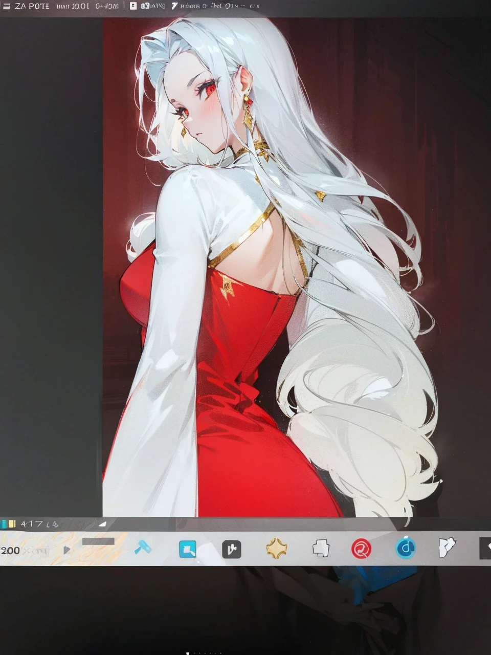 Add in roses to her dress, a good back dress design with some golden jewelry, make her dress into a red and white gown with a hat, give her some unique Jewelry, and make her look somewhat of a demonic angel like appearance to her