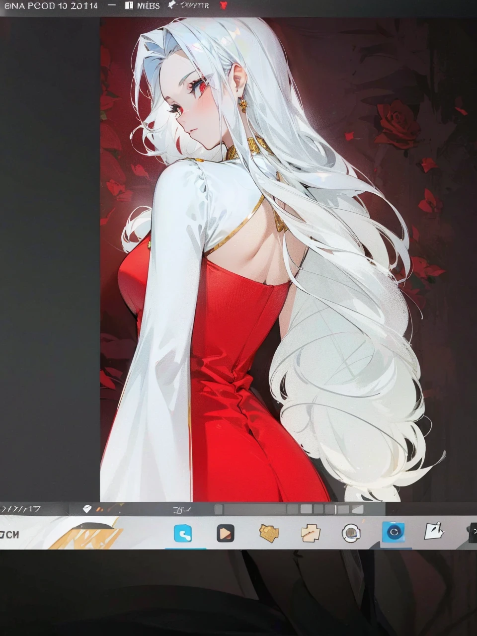 Add in roses to her dress, a good back dress design with some golden jewelry, make her dress into a red and white gown with a hat, give her some unique Jewelry, and make her look somewhat of a demonic angel like appearance to her