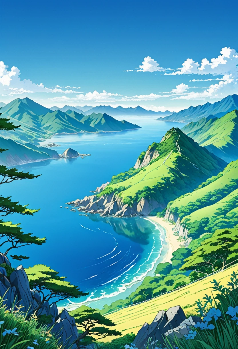 anime-style illustration, landscape of valley mountain and sea, blue clear sky