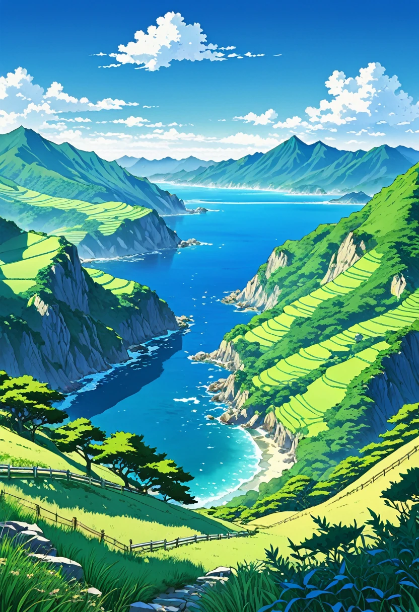 anime-style illustration, landscape of valley mountain and sea, blue clear sky