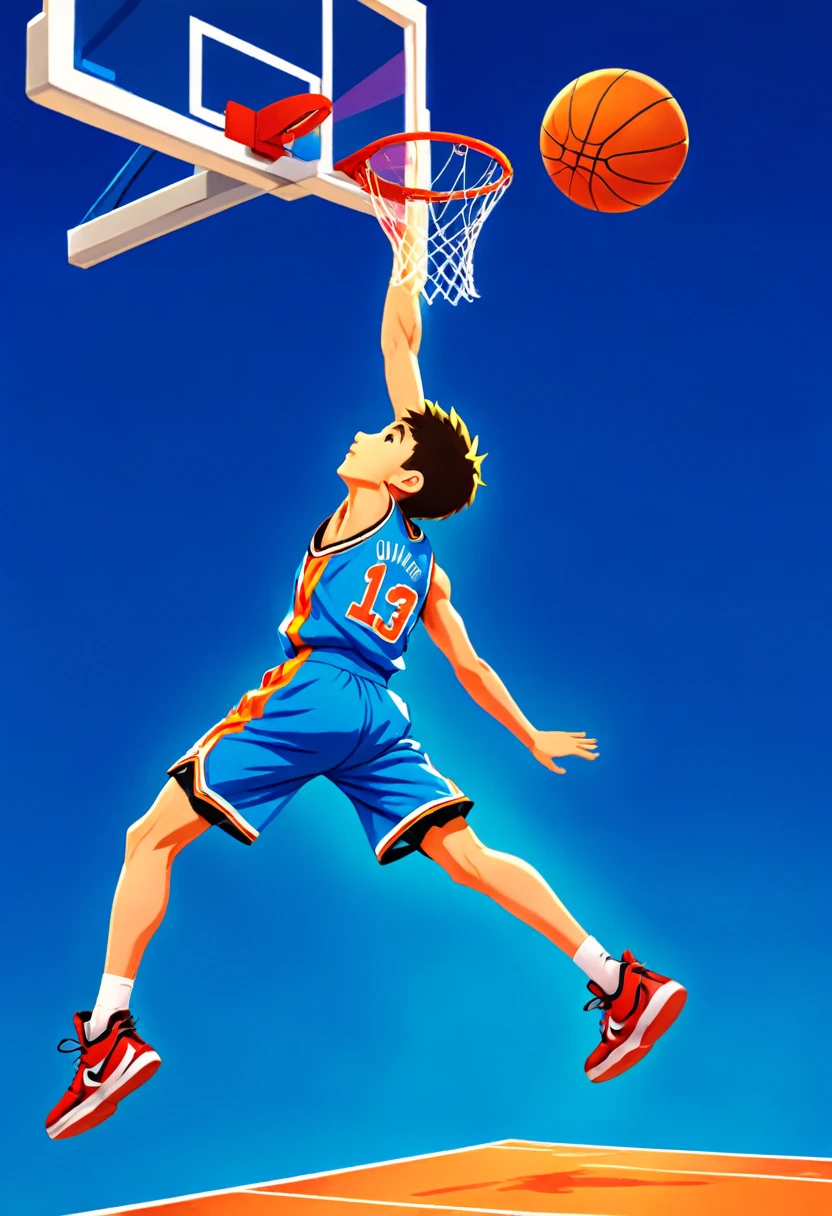 One boy, (((Dunkシュート))), Dunk, athlete, basketball, Basketball goal, Pop Background, 