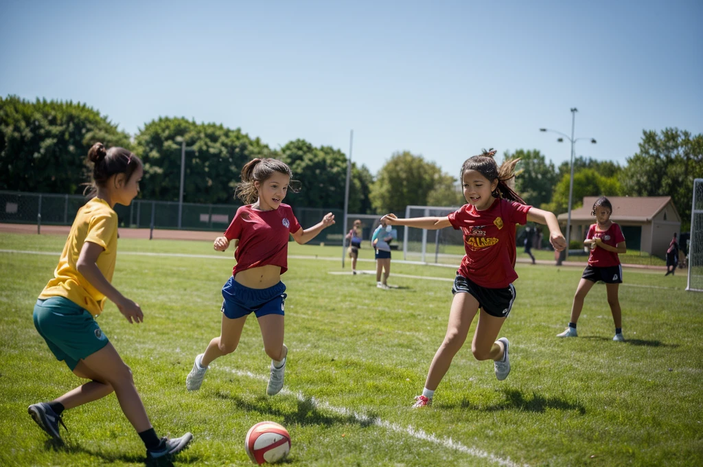 Create a highly realistic scene set in a bustling sports center in Italy. The focus is on two Italian sisters, one 13 years old and the other 8 years old, surrounded by a group of younger children. They are all dressed in colorful T-shirts and shorts, reflecting their energetic and joyful mood.
The 13-year-old teenager stands confidently in the center. She has shoulder length brown hair tied in a ponytail and is wearing a bright red t-shirt tied under her small breasts showing her midriff and blue shorts. Her face is lit up with a warm smile as she interacts with the children around her, radiating a sense of enthusiasm and camaraderie.
Next to her is her 8-year-old sister, who looks a lot like her older sister but is shorter and has a smaller build. She has long wavy brown hair tied with a ribbon and is wearing a matching red t-shirt and blue shorts. Her expression mirrors her older sister's joy and excitement as she interacts with the other children.
Surrounding them are children aged between 5 and 10, each wearing T-shirts and shorts in various bright colors such as yellow, green, blue and orange. Their expressions are full of happiness and excitement as they interact with each other and the two sisters. Some children hold sports equipment such as volleyballs and skipping ropes, indicating their availability for fun activities.
In the background is the lively setting of the sports center: an open field with freshly cut grass, a running track and various sports facilities such as basketball courts and a football field. Some trees and benches are scattered here and there, offering places of shade and rest. The sky is clear and blue, with the sun shining brightly, casting a warm light over the entire scene.
This scene captures the energetic and playful atmosphere of the sports centre, with the 13- and 8-year-old sisters at the center of the joyful group, creating a sense of unity and fun among the children. The vibrant colors of their outfits and lively interac