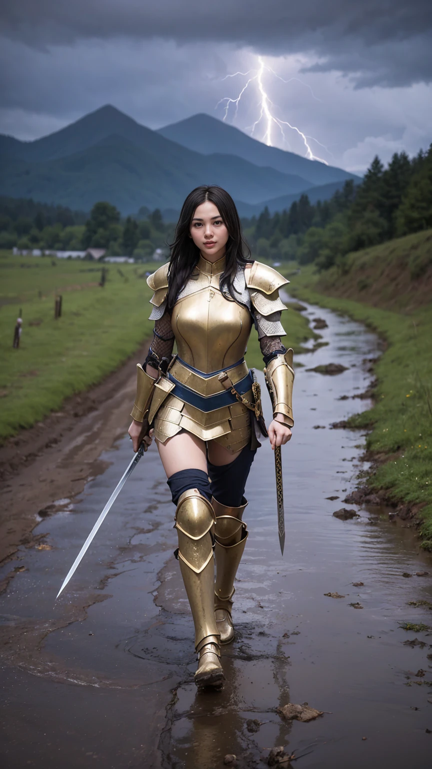 Masterpiece, best quality, 1girl, A beautiful girl, she is a knight in a full body armor, gold armor,  a longsword in her hand, is now walking back from battlefield, few skin wounds and  skin scratches, pouring rain, lightning. Expansive view in the background, mountains, grey cloud, muddy footpath