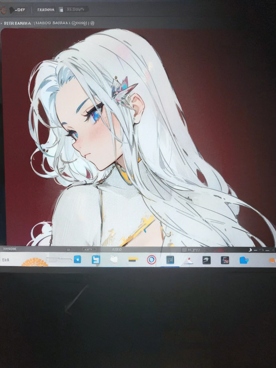 Add in roses to her dress, a good back dress design with some golden jewelry, make her dress into a red and white gown with a hat, give her some unique Jewelry, and make her look somewhat of a demonic angel like appearance to her