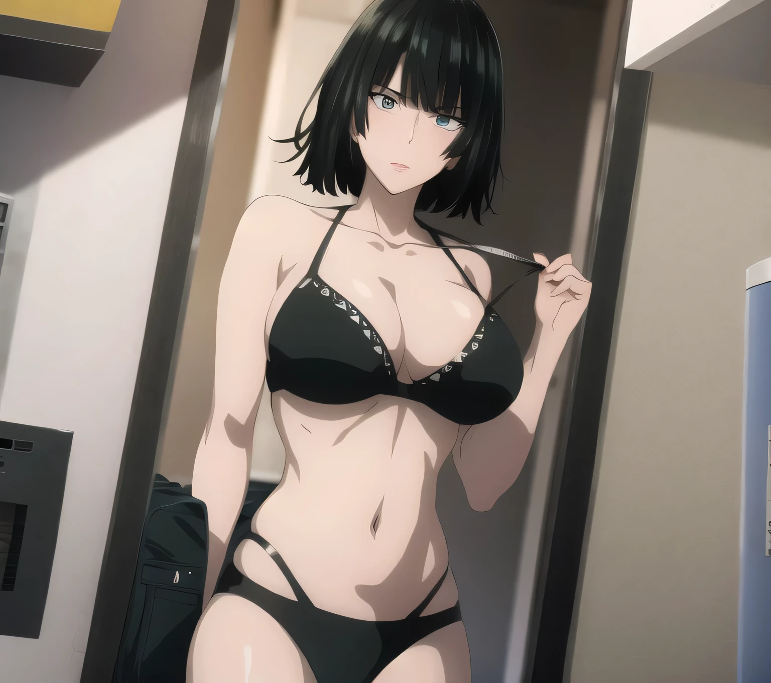 FubukiOPM, looking_at_viewer,swimsuit'black bra and underwear'