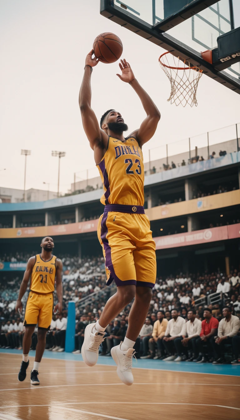 Realistic photography, full body shot, low angle shot, side view shot, game-winning one handed dunk, huge slum dunk, rear to basket with ball in hands over heads, winning points, long and high flight, suspended in the air,  full body shot, 8k, film grain, bokeh, shallow depth of field, cinematic hollywood film style 