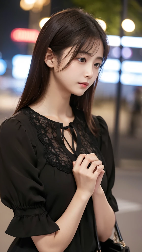 woman　cute　blouse　Upper Body　Night Park　dark　Cross hands　Shy face
