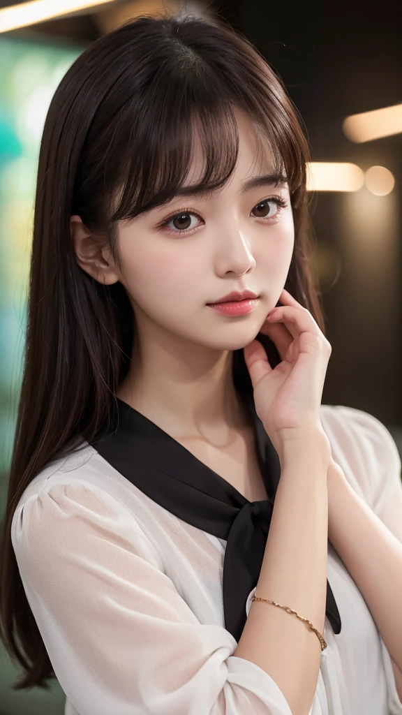 woman cute blouse Upper Body Night Park dark Cross hands Shy face