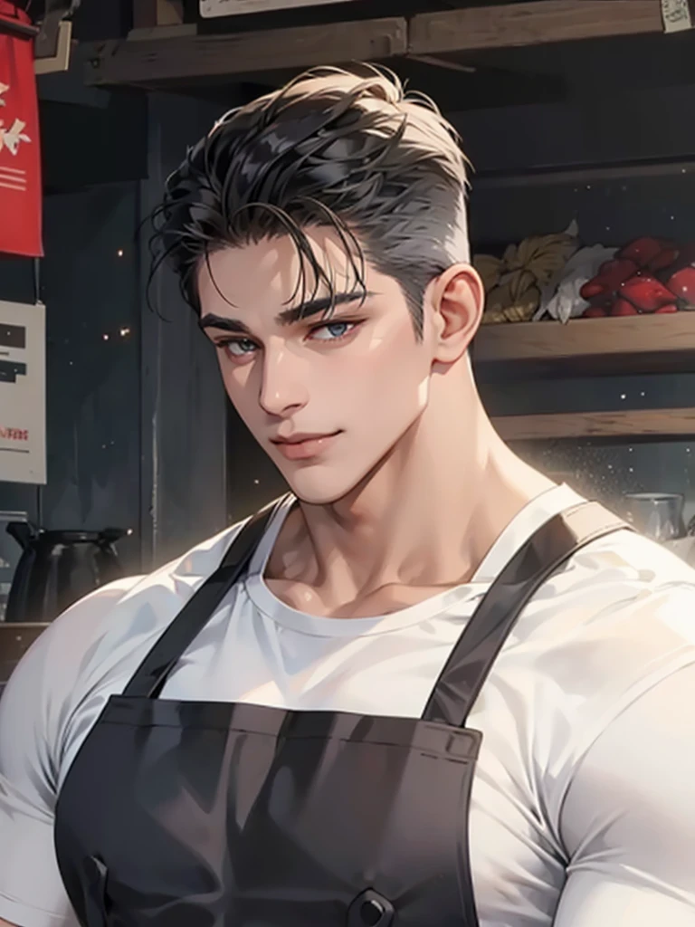 men wear dark gray shining apron over white T-shirt, muscular and handsome,fish market,smile
