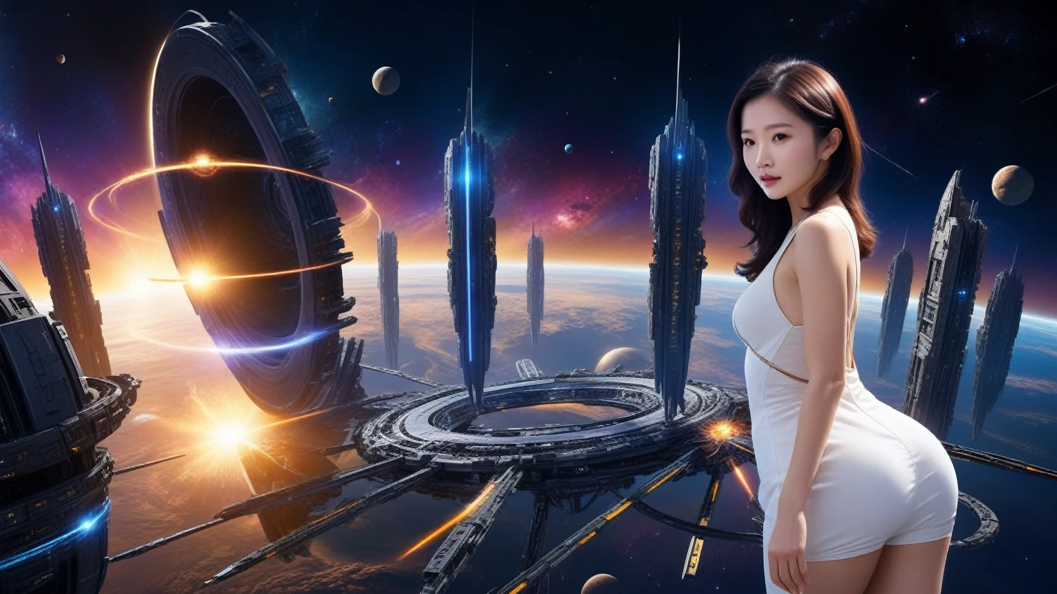 dark space of the universe, large artificial high-tech ring gate flies through space and time, flying sci-fi vehicle, cosmic light and the ancient energy of the Universe burst out from the depths of these gates and transport the viewer to other worlds, where it's light and cozy, sci-fi. (((1girl, solo, alone))), large-breast:1.2 slim body, cleavage:1.1, sexy elegant miniskirt, (((headphone, black sunglasses, standing and holding pistol pose))), (((half-body thigh level medium shot))), cinematic lighting, lens flare, ray tracing.
