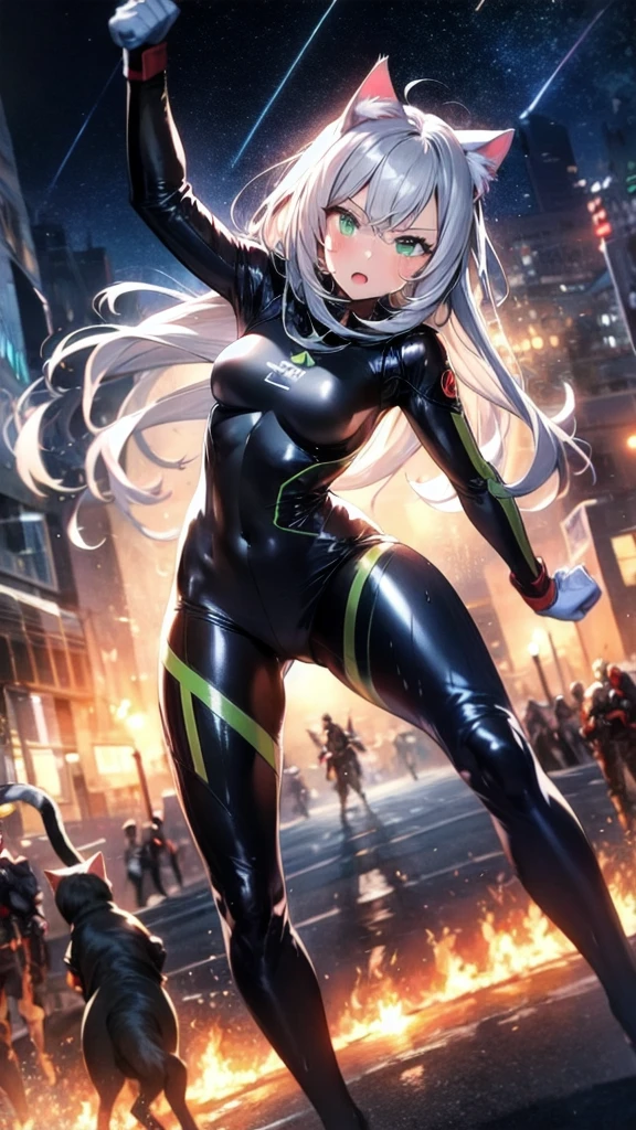 A silver-haired beautiful girl with cat ears eyes are green hair is silver and long clothes: a form-fitting black combat suit The fist is an afterimage The background is a city at night her is in a cat-like fighting pose The year is 14 years monitor, Dark Night, Sweat, Steam of Exhalation, Space, Battle, Dynamic Angle one girl