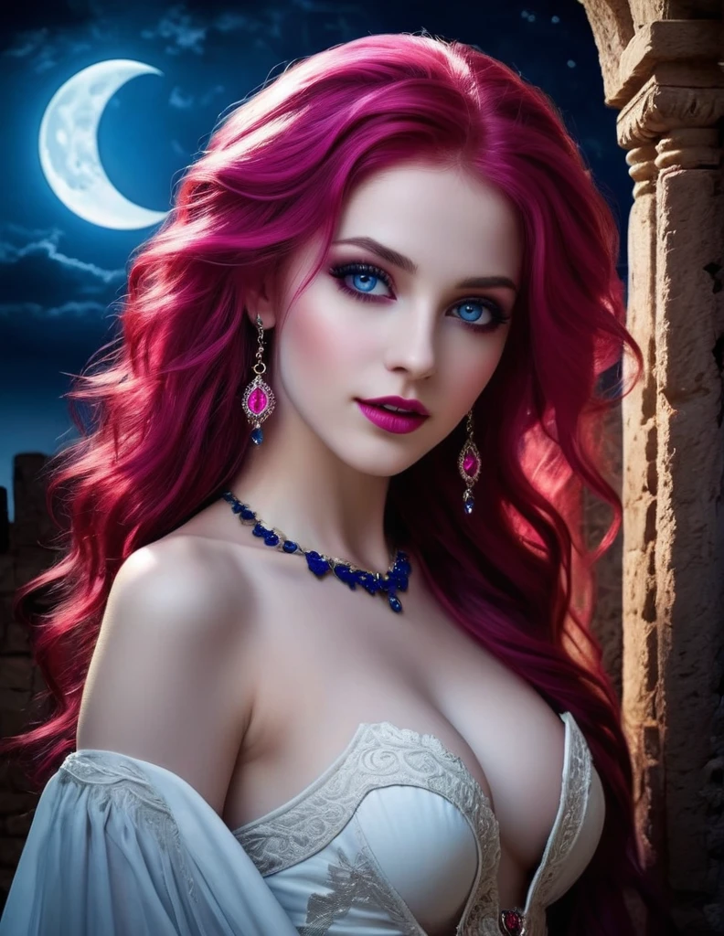 Ery attractive 25 year old female with long wavy bright pink hIr, beautiful detailed red eyes, long dark eyelashes, pointed fangs, flowing bright pink hair, elegant posture, pale skin, red lips, traditional Arabic dress, mysterious aura, ((moonlit night:1.3)), shadows, delicate jewelry, ancient ruins, intense gaze, hypnotic smile, vampire powers, supernatural strength, centuries-old wisdom, captivating beauty, hauntingly enchanting, alluring darkness, (blood-red moonlight:1.1), eternal youth, seductive charm, hidden secrets. (best quality, ultra-detailed, photorealistic:1.37), gothic, fantasy, dark color palette, dramatic lighting. (NSFW:1.4) beautiful small , (beautiful nipplesShe has white skin with visible blue veins:1.4),(breasts with blly raised areolas:1.5),(beautifage nipples:1.5)