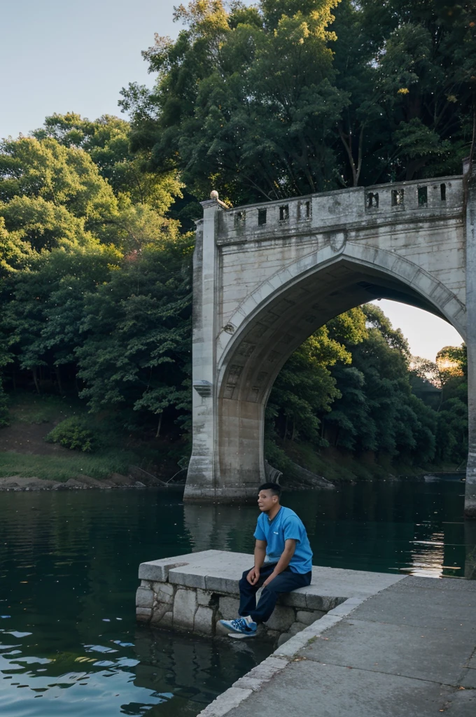 An Asian man under the blue sky sits on the edge of the lake at the edge of the bridge at dusk