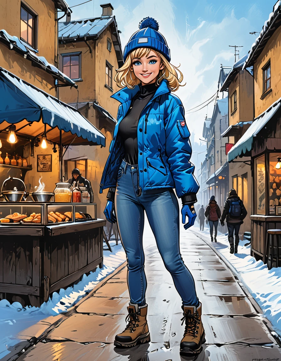 girl at the tropical street, street food, people on the street, smile, fullbody, girl in Blue down jacket and levis (jeans) and blue gloves and black hiking boots and (blue winter hat) in a dynamic pose, adult, [Nordic], Hourglass elongated fitness body, perfect Olive skin, Oval Face, Long neck, Rounded shoulders, perfect hand, Attached Pointed ears, round forehead, (Short blonde Waves pixie hair), snub nose, Arched eyebrows, ((Monolid blue Eyes)), High Round Narrow cheekbones, Dimpled Cheeks, Rounded Chin, Rounded Jawline, Full  Lips, (blue eyes), Nudeeup Look, long eyelashes, third breast sng slim fitness legs, graphic style of novel comics, perfect hands, 2d, 8k, hyperrealism, masterpiece, high resolution, best quality, ultra-detailed, super realistic, Hyperrealistic art, high-quality, ultra high res, highest detailed, lot of details, Extremely high-resolution details, incredibly lifelike, colourful, soft cinematic light,