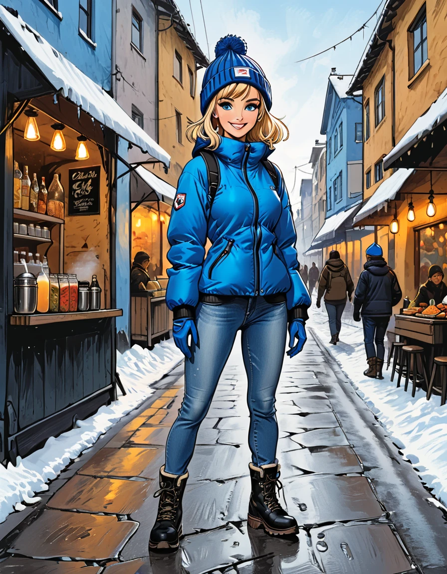 girl at the tropical street, street food, people on the street, smile, fullbody, girl in Blue down jacket and levis (jeans) and blue gloves and black hiking boots and (blue winter hat) in a dynamic pose, adult, [Nordic], Hourglass elongated fitness body, perfect Olive skin, Oval Face, Long neck, Rounded shoulders, perfect hand, Attached Pointed ears, round forehead, (Short blonde Waves pixie hair), snub nose, Arched eyebrows, ((Monolid blue Eyes)), High Round Narrow cheekbones, Dimpled Cheeks, Rounded Chin, Rounded Jawline, Full nude Lips, (blue eyes), Nude Makeup Look, long eyelashes, third breast size, ong slim fitness legs, graphic style of novel comics, perfect hands, 2d, 8k, hyperrealism, masterpiece, high resolution, best quality, ultra-detailed, super realistic, Hyperrealistic art, high-quality, ultra high res, highest detailed, lot of details, Extremely high-resolution details, incredibly lifelike, colourful, soft cinematic light,