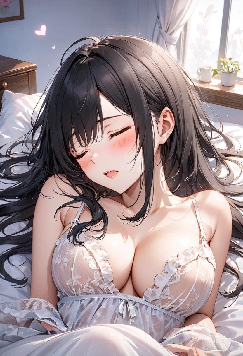 (sleep style) (beautiful body), (Asleep on the bed), (solo:2, 18 yo, straight black hair hair long hair cool girl, ecstasy closed eyes, ecstasy face, big tits), (in a negligee Dress), break, in the first class bedroom, BREAK, perfect anatomy, masterpiece, best quality, 16k, beautiful detailed love, sexy, daydreaming expression.