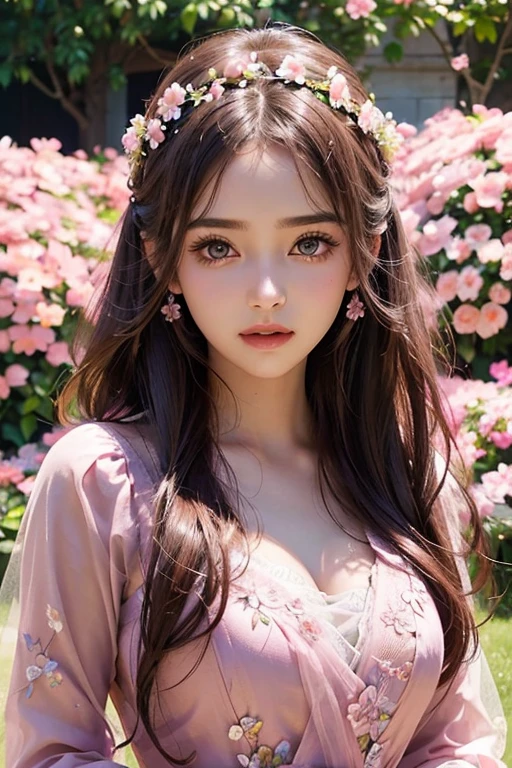a beautiful girl in a pink dress, detailed eyes, long eyelashes, delicate face, lovely expression, standing in a garden full of pink flowers, captivating and vibrant colors, natural lighting, cinematic composition, intricate details, photorealistic, masterpiece, wearing flowers crown,
