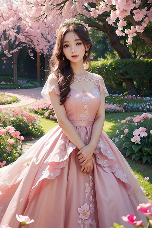 a beautiful girl in a pink dress, detailed eyes, long eyelashes, delicate face, lovely expression, standing in a garden full of pink flowers, captivating and vibrant colors, natural lighting, cinematic composition, intricate details, photorealistic, masterpiece, wearing flowers crown,