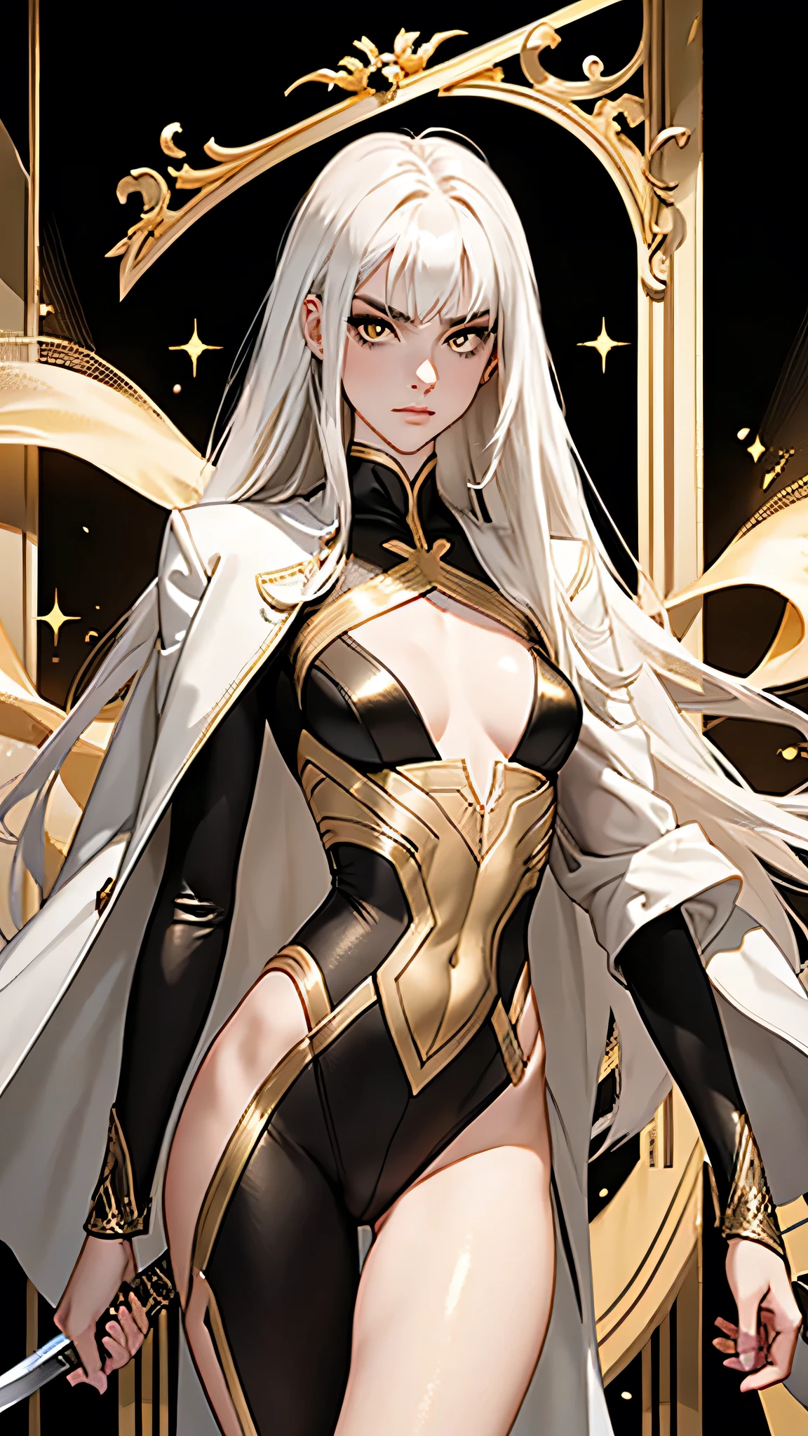 （lifelike， high - resolution：1.3）， 1 girl with a slender body， slender body, Super fine face and eyes，( golden color eyes), smokey look, handsome,  annoyed, ahoge, full lips,  tall girl,  pale skin, dark makeup, shiny skin， blunt bangs, (very long white hair), (ebony suit with gold trim, open suit jacket, ,   gold trim)，small breasts,, ( intricate curved sword, gold trim) , wielding sword, shiny skin, narrow hips, skinny, flat chest

