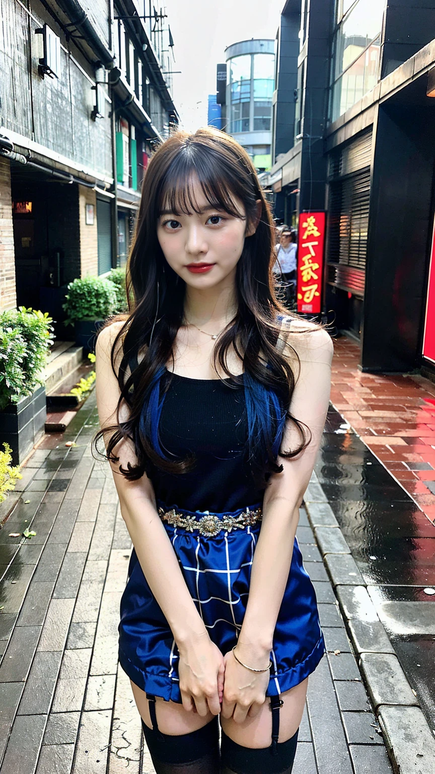 (Highest quality, masterpiece: 1.3), One girl, Wet day, fog, alley, Hold an umbrella, Large and transparent umbrella, Looking at the audience, Blue Hair, Towards the photo, サイbarパンクシティ, alone in the alley, neon in the alley, A very reflective city, Long Hair, sized strands going over the alley, bar, Japan, Tokyo, Garter belt on one leg, Put a knee pad on the other leg, Perfect hands, delicate, night