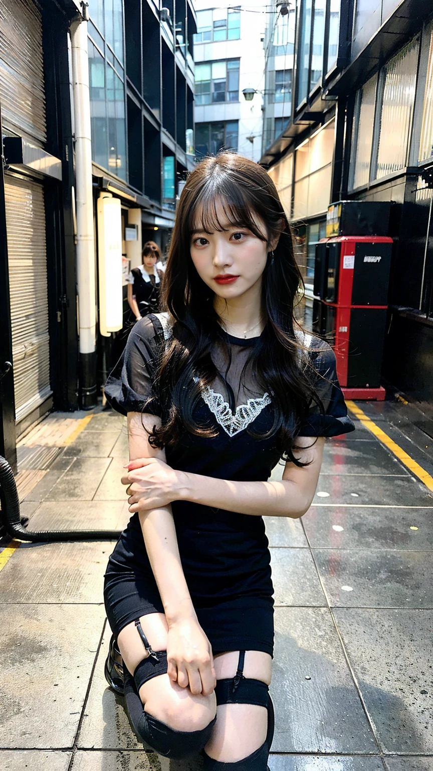 (Highest quality, masterpiece: 1.3), One girl, Wet day, fog, alley, Hold an umbrella, Large and transparent umbrella, Looking at the audience, Blue Hair, Towards the photo, サイbarパンクシティ, alone in the alley, neon in the alley, A very reflective city, Long Hair, sized strands going over the alley, bar, Japan, Tokyo, Garter belt on one leg, Put a knee pad on the other leg, Perfect hands, delicate, night