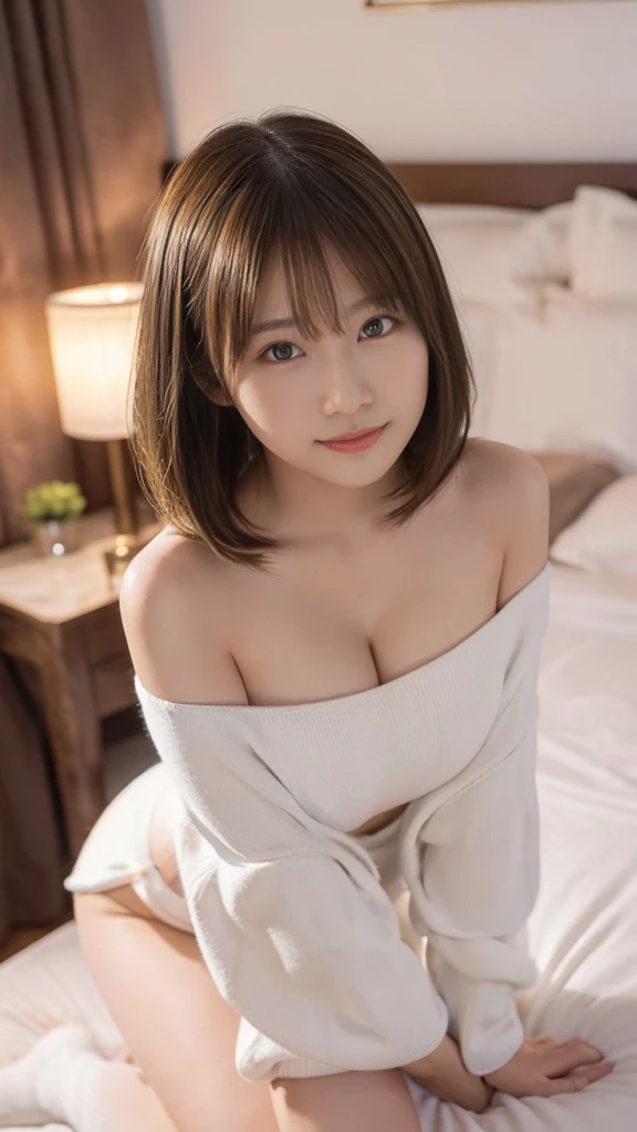 ​masterpiece、1 girl per 1 photo、Hotel bedroom、Sleeping in bed、 ( girl、Extremely beautiful face, natural make up)(fair white skin)(sparkly eyes)、bright expression、blushing cheeks、a blond、（White knee-high socks）((I can see the cleavage、White off-shoulder、Long length))shiny lip、Short bob hair、Hair hanging over the ears、Shiny and smooth a blonde hair、 asymmetrical bangs、8K resolution、high detal、detailed hairstyle、A detailed face、beutiful breast、Beautiful valley、thin-waist、big butts、rendering octane、Ultra-realistic、Perfect limbs、perfect anatomia、face lightedium full shot from above、(Angle up to the knee)