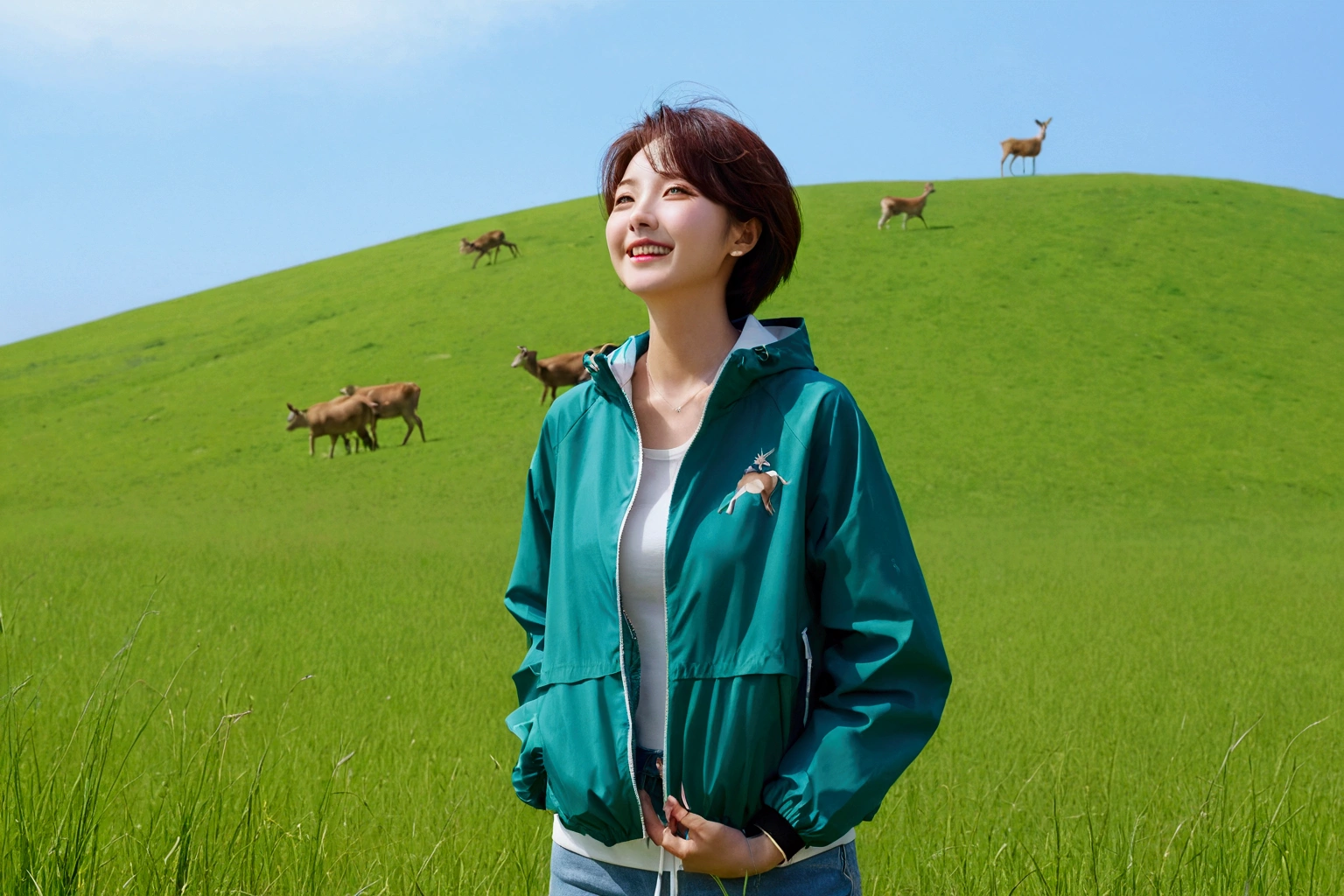 high quality, 1 woman, ((36 years old 건강한 한국 여성)), ((36 years old)), 1 woman, The eyes are big and beautiful. ((slim)), ((short medium hair)), laugh. pose: standing, Luxury brand windbreaker jacket, background: 1 woman, California, deer, pasture, cow, grass. 푸른 grass, Full body shot with 16-34 wide angle lens, look up to the side, blue sky, So that you can see the whole body