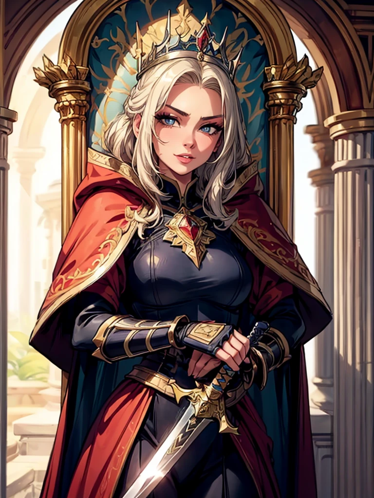 (best quality, masterpiece:1.3), 1girl, Warrior, sword, armor, upper body,  AnjelikaV2, royal, tiara, royal crest, cape,    parted lips,  film grain, blurry foreground, throne,     smirk, sultry look, seductive, 
   sultry look, seductive,
