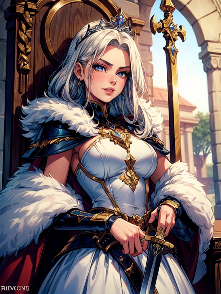 (best quality, masterpiece:1.3), 1girl, Warrior, sword, armor, upper body, AnjelikaV2, royal, tiara, royal crest, cape, parted lips, film grain, blurry foreground, throne, smirk, sultry look, seductive,
sultry look, seductive,
