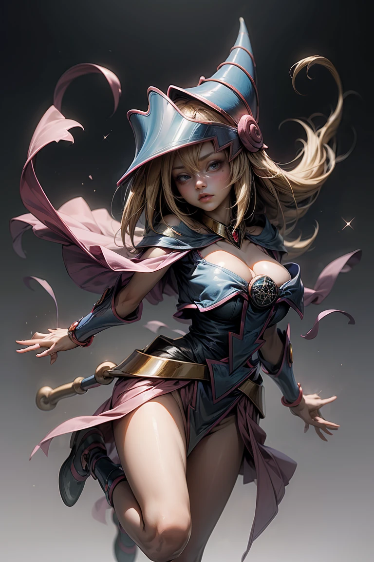 (Masterpiece:1.2), (The best quality:1.2), perfect lighting, Dark Magician Girl casting a spell, floating in the air, big tits, neckline, magic background. Transparent hearts in the environment,  Subjective and sensual pose. hot. magic background 